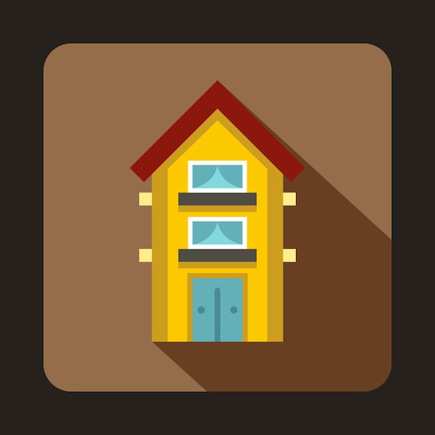 Yellow two storey house icon in flat style on a coffee background