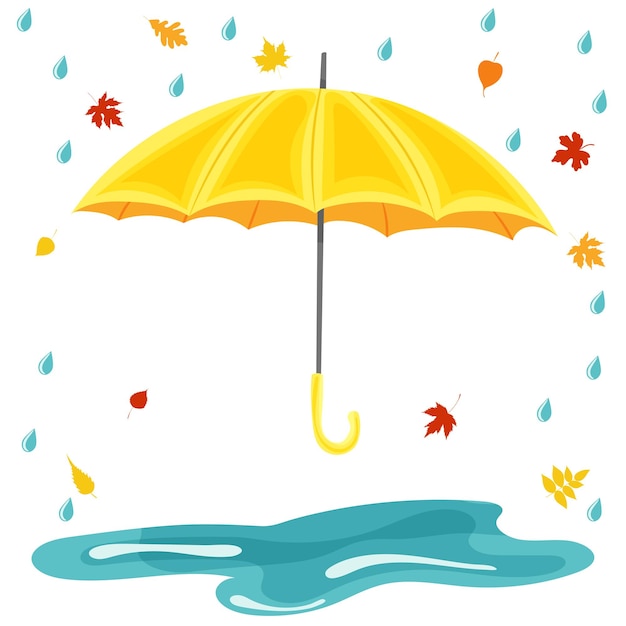 Yellow umbrella in the rain in flat style isolated vector