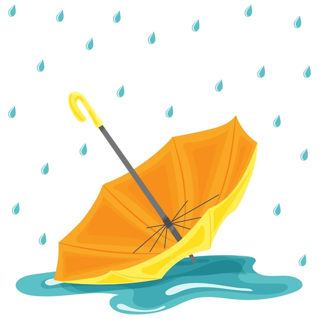 Yellow umbrella in the rain in flat style isolated