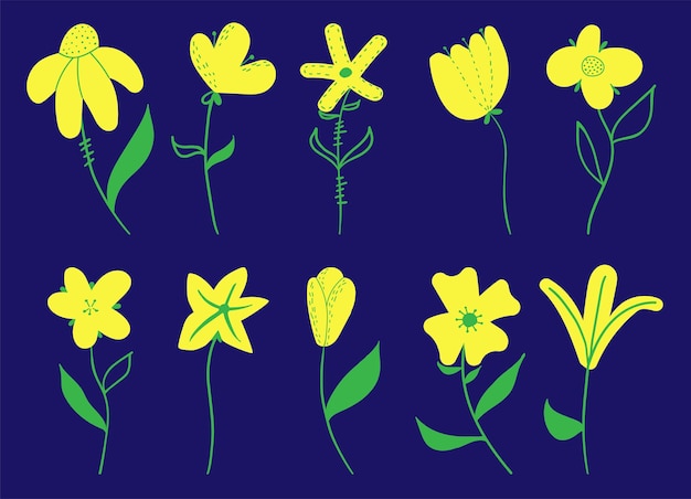 Yellow vector set of flowers isolated with editable background