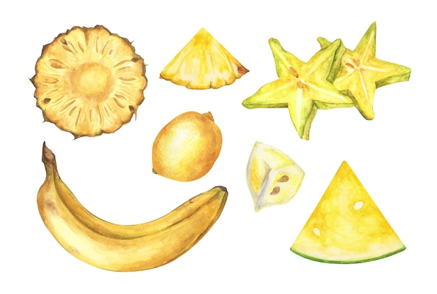 Yellow vegetables and fruit set Watercolor illustration