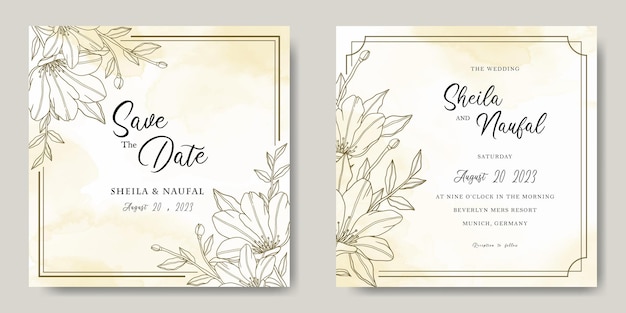 Yellow Watercolor Abstract Flowers Lineart Invitation Card