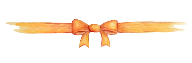 Yellow watercolor bow. Horizontal decoration image. Christmas golden ribbon.