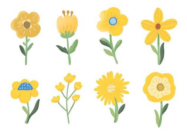 Yellow watercolor vector flower hand drawing set collection