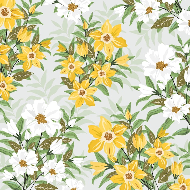 Yellow and white blossoms with green leaves