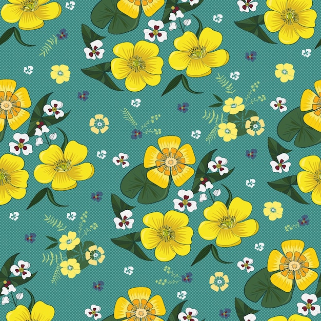 Yellow and white flowers with green leaves and floral elements on the blue background