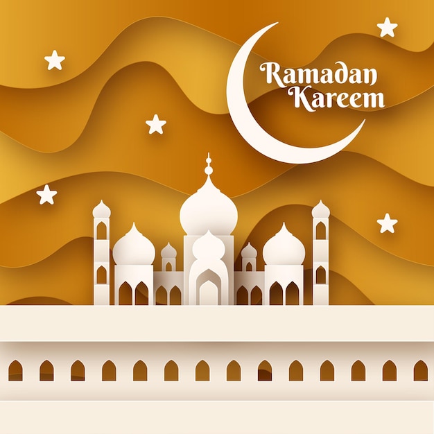 Yellow and White Golden Paper Cut Style Free vector eid mubarak ramadan season festival poster