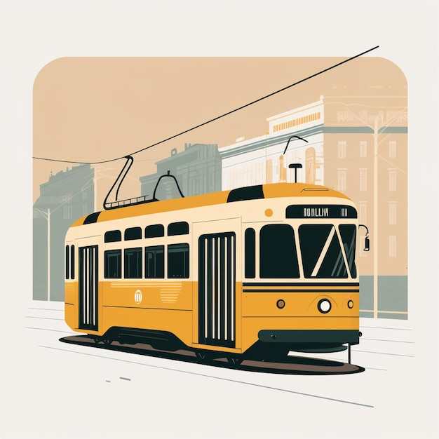 A yellow and white tram is on the tracks in a city.