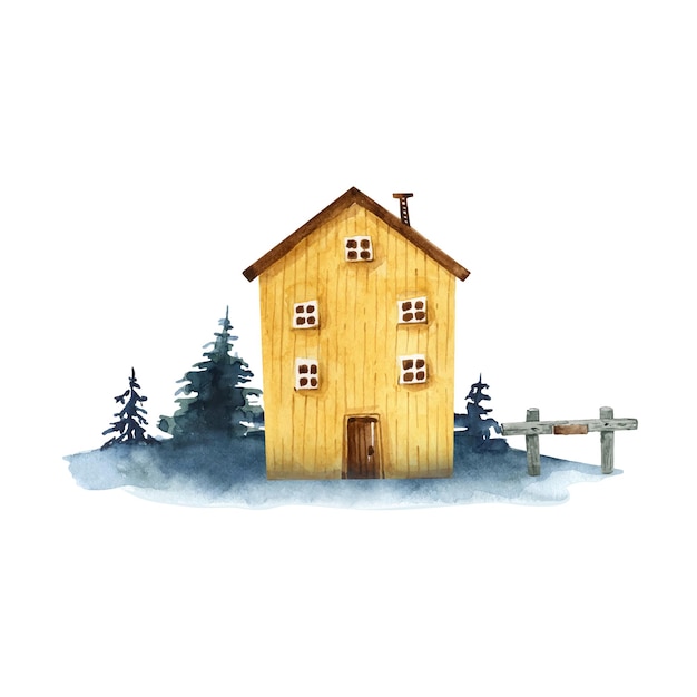 yellow wooden house in cartoon style on the background of nature, watercolor illustration.