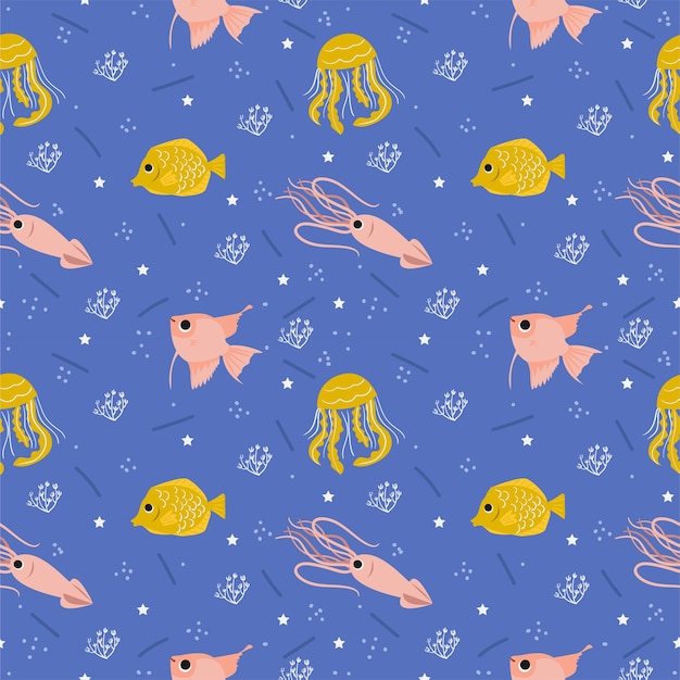 Yellowe squad, jellyfish and underwater animal seamless pattern