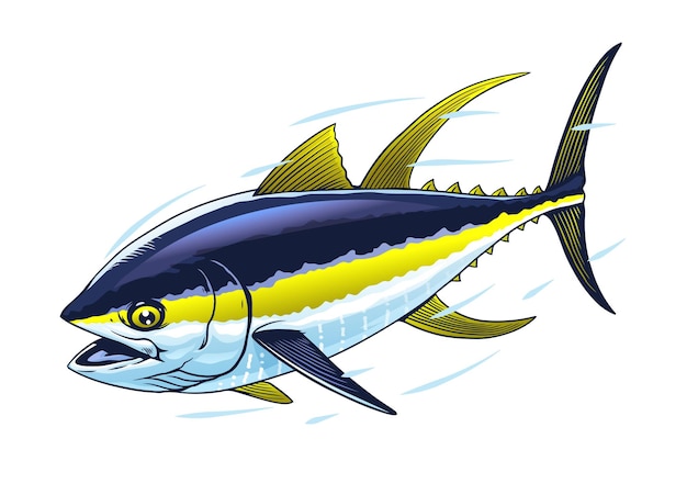 Vector yellowfin tuna fish hand drawn illustration in fast motion