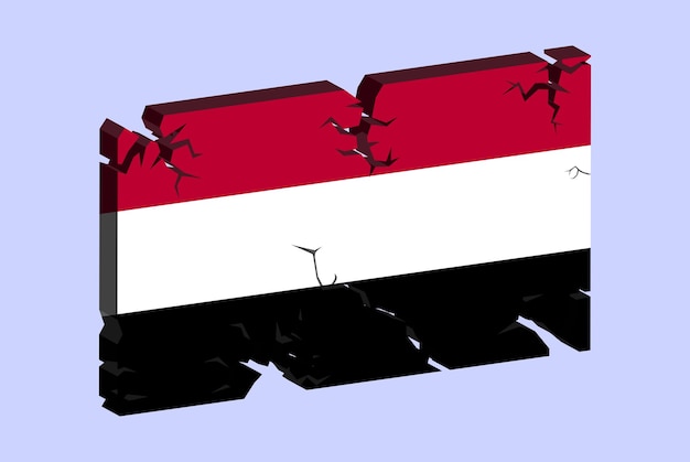 Yemen flag on 3D cracked wall vector fracture pattern with cracked texture issues concept