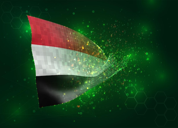 Yemen on vector 3d flag on green background with polygons and data numbers