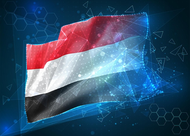 Yemen ,  vector flag, virtual abstract 3D object from triangular polygons on a blue background