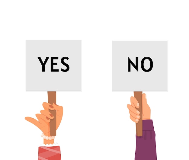 Yes or no Choice hands holding banners with opinions Answer right or wrong icons Positive or negative correct or incorrect symbols decent vector elements