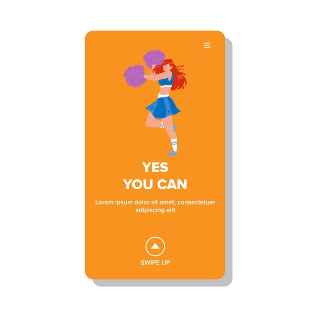 Yes You Can Screaming Cheerleader To Team Vector. Young Girl With Pompoms Shouting Yes You Can For Supporting Sportsmen. Character Lady Holding Pon-pon Cheering Web Flat Cartoon Illustration