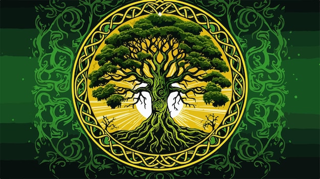 Yggdrasil Celtic Tree of Life with Sun and Moon on Green Background