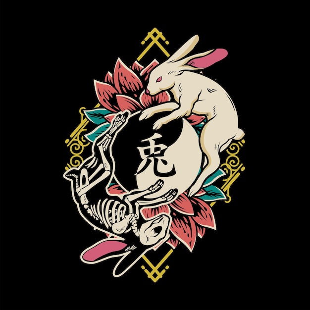 yin yand rabbit illustration combination between skeleton rabbit and rabbit animal