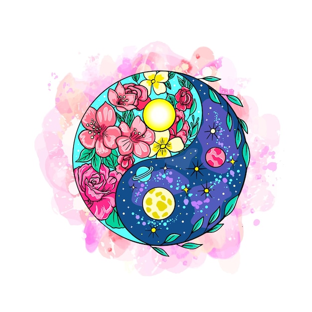 Yin and yang symbol with floral elements and space on watercolor background. Vector illustration