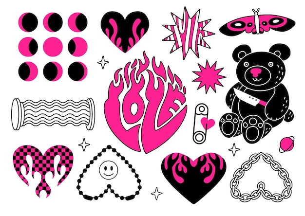 Yk glamour pink and black elements set butterfly scary teddy flame chain tattoo heart and other stic