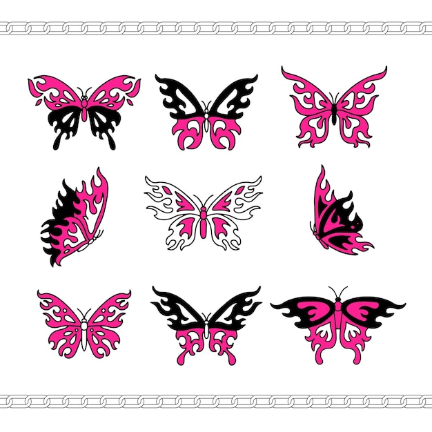 Yk glamour tattoos silhouettes flame butterfly tattoo in trendy emo goth s style vector hand drawn i