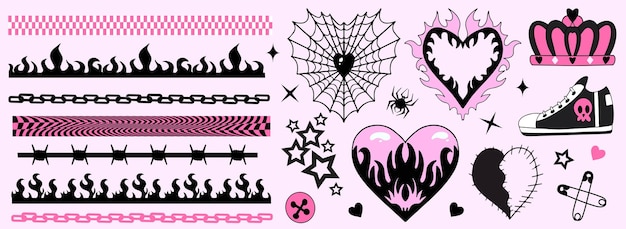 Vector yk s cute emo goth aesthetic stickers tattoo art elements borders vintage pink and black gloomy set