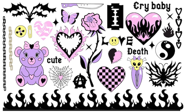 Vector yk s cute emo goth aesthetic stickers tattoo art elements and slogan vintage pink and black gloomy