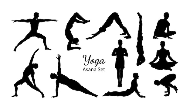 Yoga asana set Set of male silhouettes exercising yoga Hand drawn sketch vector illustration