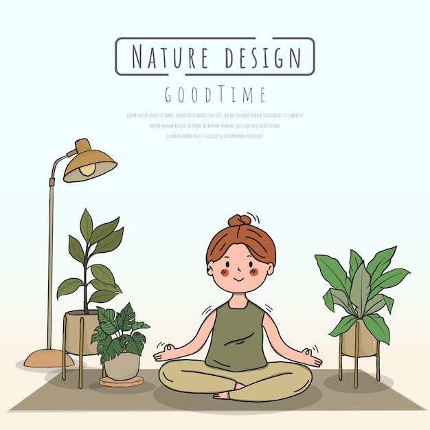 Yoga cartoon in nature and leaves  Hand drawn style