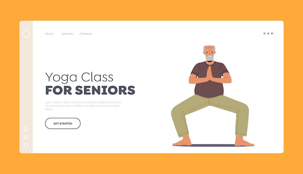 Yoga Class for Seniors Landing Page Template Elderly Male Character Exercises Man Stretch Body Healthy Lifestyle