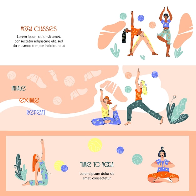 Yoga classes banners or flyers set with women practice Yoga flat vector illustration