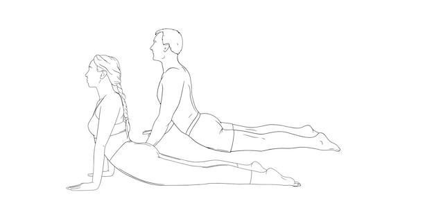 Yoga cobra pose or bhujangasana Woman and man practicing strengthing yoga pose Hand drawn