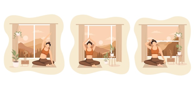 Yoga in Comfortable Room Flat Bundle Illustration Design