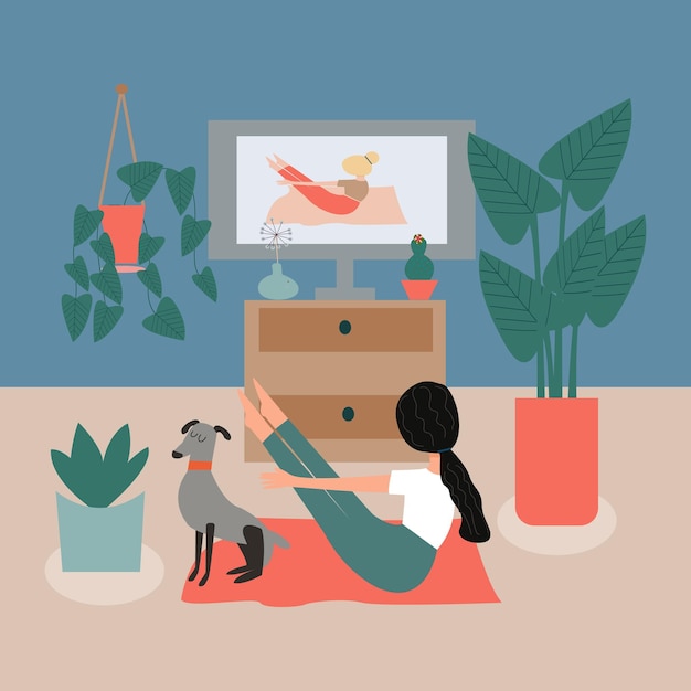 Yoga course streaming on tv or monitor Girl doing yoga Vector illustration