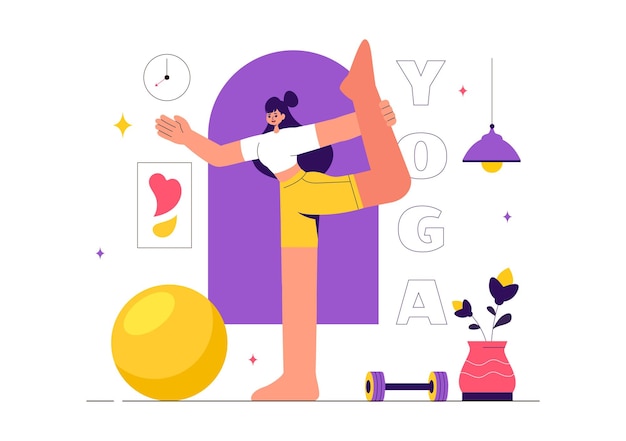 Vector yoga day illustration with woman doing body posture practice or meditation in healthcare design