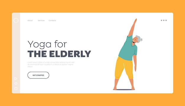 Yoga for Elderly Landing Page Template Female Character Practice Aerobics or Fitness Old Woman Healthy Lifestyle