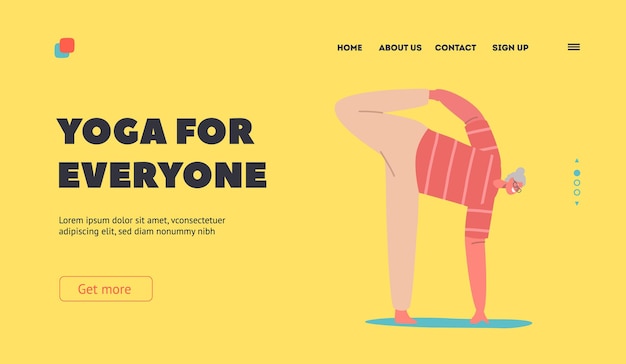 Yoga for Everyone Landing Page Template Grandmother Doing Gymnastics Elderly Female Character Stretching Pilates