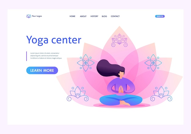 Yoga girl in pose asana on flower background Flat 2D character Landing page concepts and web design