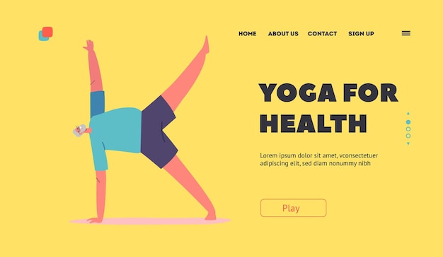 Yoga for Health Landing Page Template Grandfather Doing Asana or Gymnastics Elderly Male Character Stretching Pilates