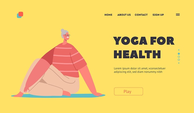 Yoga for Health Landing Page Template Senior Female Character Sitting om Mat Practice Asana Pose Old Woman Workout