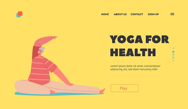 Yoga for Health Landing Page Template Senior Female Character in Sportswear Engage Yoga Practice Pilates Workout Class