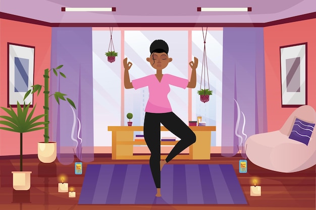 Yoga at home concept with people scene in the background cartoon design Woman relaxes