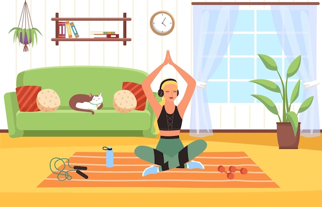 Vector yoga at home woman in sportswear sitting in lotus position living room interior slim female doing physical exercises in house gym indoor fitness workout with sport equipment vector cartoon concept