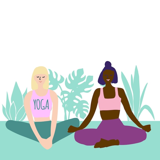 Yoga illustration two womans doing asana for in nature