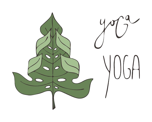 Yoga lettering monstera leaf in yoga pose hand drawing doodling logo icon