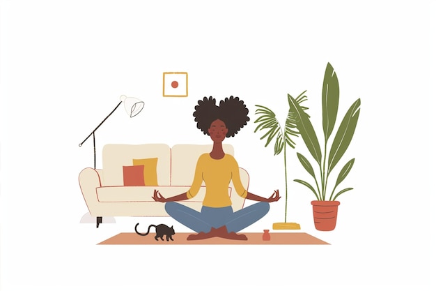 Vector yoga in living room with pet cat