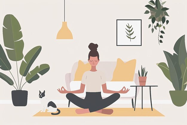 Vector yoga in living room with pet cat