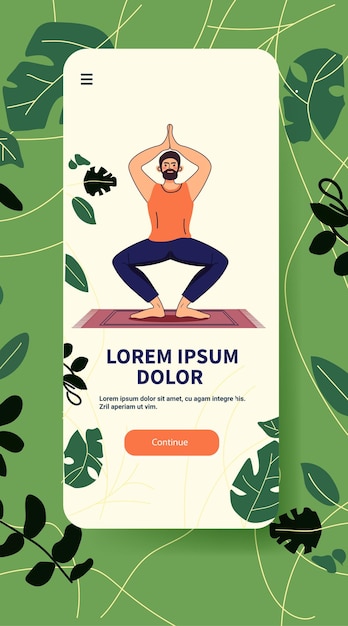 Vector yoga man practicing pose on mat healthy lifestyle concept surrounded by green leaves background website template