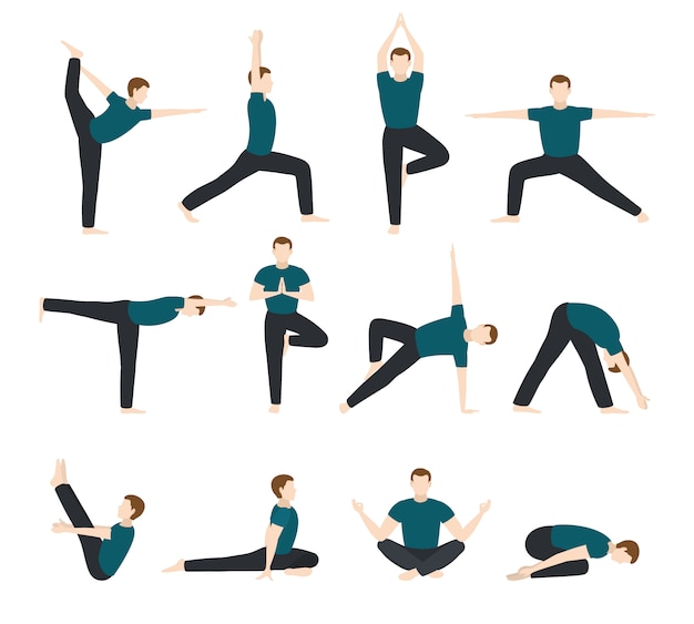 Yoga man vector men yogi character training flexible exercise pose illustration