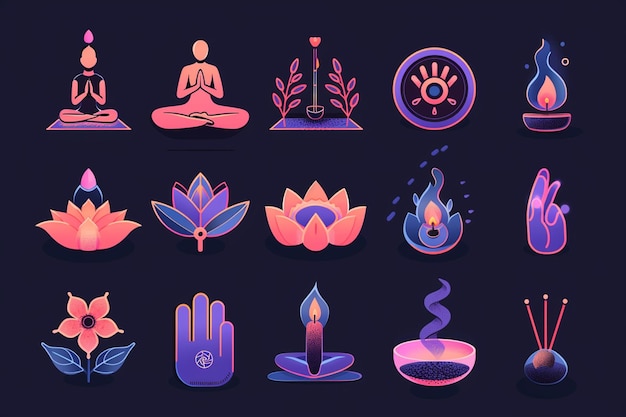 Yoga Meditation Flat Vector Icons Set